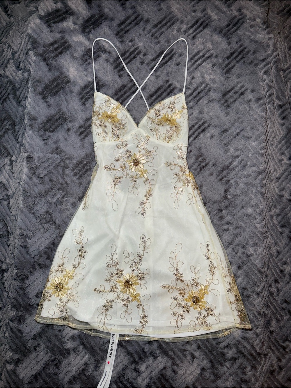 Lucy in the Sky | White & Gold Floral Embroidered Lace-Up Dress - Picture 4 of 7